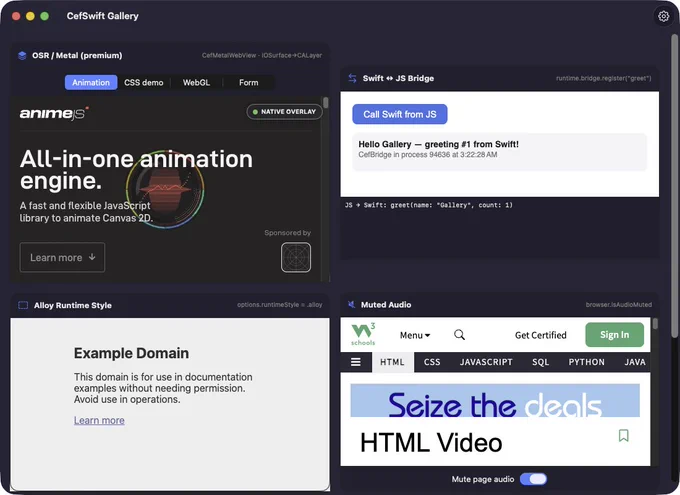 Embedded CefWebView cards mixed with native SwiftUI controls.