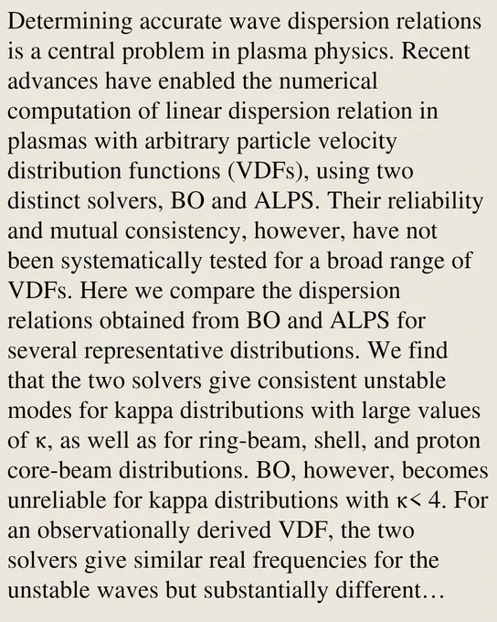 Determining accurate wave dispersion relations is a central problem in plasma physics. Recent advances have enabled the numerical computation of linear dispersion relation in plasmas with arbitrary particle velocity distribution functions (VDFs), using two distinct solvers, BO and ALPS. Their reliability and mutual consistency, however, have not been systematically tested for a broad range of VDFs. Here we compare the dispersion relations obtained from BO and ALPS for several representative distributions. We find that the two solvers give consistent unstable modes for kappa distributions with large values of κ, as well as for ring-beam, shell, and proton core-beam distributions. BO, however, becomes unreliable for kappa distributions with κ< 4. For an observationally derived VDF, the two solvers give similar real frequencies for the unstable waves but substantially different growth rates. This difference is mainly caused by the imperfect fitting of the input distribution required by BO