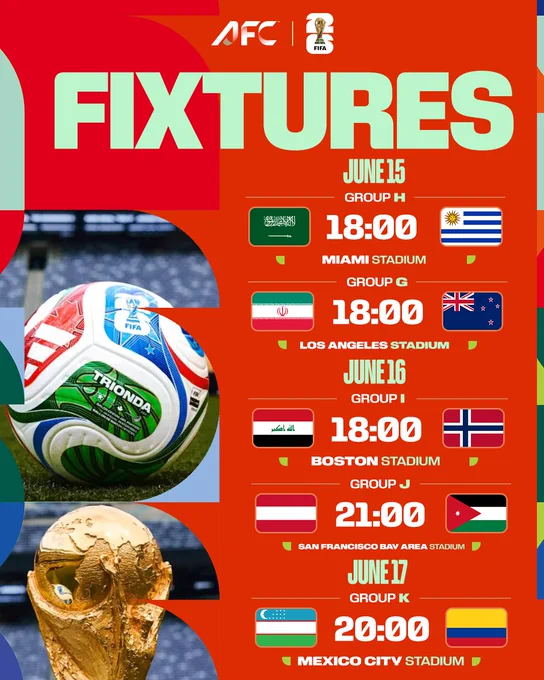 Colorful poster announcing AFC fixtures with dates, times, and locations. Bright, energetic layout.