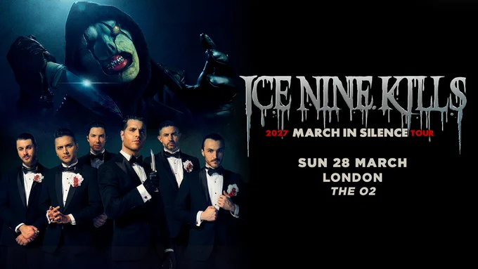 Dark promotional poster for Ice Nine Kills' 2027 March In Silence Tour featuring the band in tuxedos and a sinister masked figure looming above.