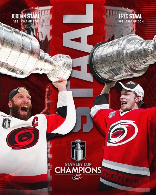 Graphic with Jordan and Eric Staal hoisting the Stanley Cup