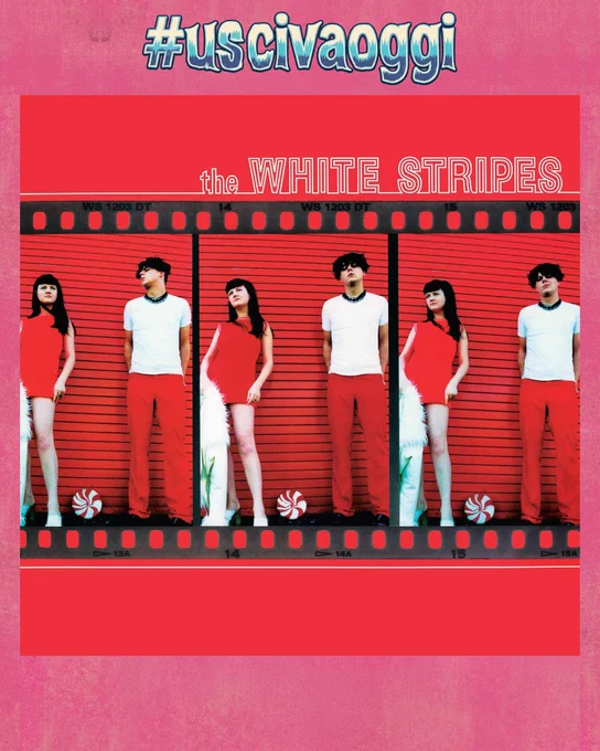 Copertina dell'album "The White Stripes". Lo sfondo è rosso brillante con la scritta bianca "the WHITE STRIPES". Al centro, tre fotogrammi di una pellicola fotografica mostrano Meg White in abito rosso corto e Jack White con t-shirt bianca e pantaloni rossi, in posa davanti a una saracinesca rossa. A terra compare una caramella alla menta a spirale bianca e rossa.
