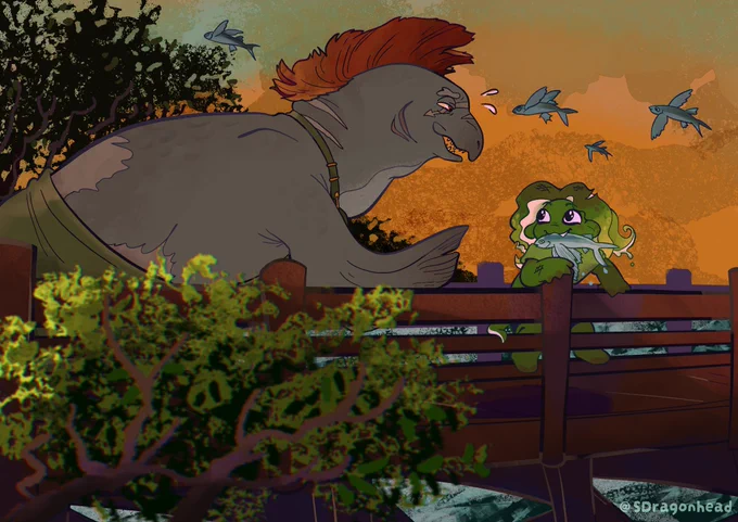On a pier in a mangrove setting a large salmon points a fin up towards an inkfish child whom caught a flying fish into mouth. More flying fish are seen in the sunset sky
