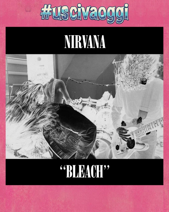 Copertina dell'album "Bleach" dei Nirvana. L'immagine è in bianco e nero con un forte effetto fotografico in negativo. Mostra i membri della band ripresi dal basso durante un'esibizione dal vivo, con i capelli lunghi in movimento mentre suonano le chitarre e la batteria sullo sfondo. La scena ha un aspetto ruvido e underground. In alto, al centro, compare la scritta "NIRVANA" in un carattere nero, allungato e graffiato. In basso, sempre al centro, compare il titolo "BLEACH" tra virgolette, nello stesso stile e font.