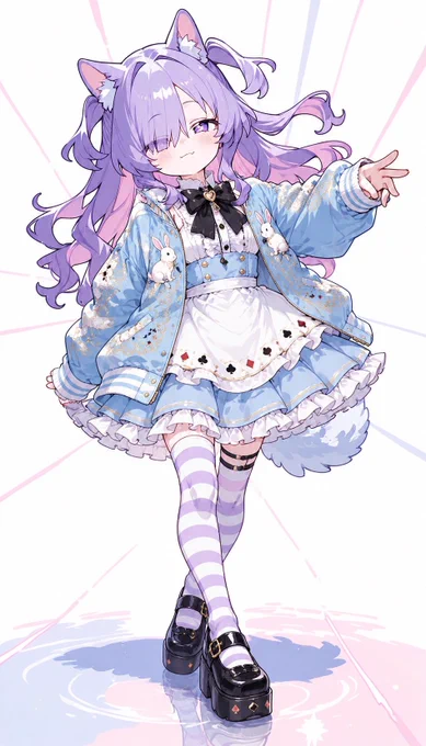 alice-inspired sukajan fashion,
light blue satin sukajan jacket,
white striped ribbed collar cuffs and hem,
rabbit embroidery,
gold decorative embroidery,
oversized silhouette,

white blouse,
large black ribbon bow,
light blue dress,
white frilled apron,
playing card suit decorations,
layered frilled skirt,

lavender striped thigh-high socks,
black platform mary jane shoes,

pastel blue, white, black and gold color scheme,
cute wonderland aesthetic,
sweet lolita fashion,
anime key visual design,
clean silhouette,
minimal visual noise