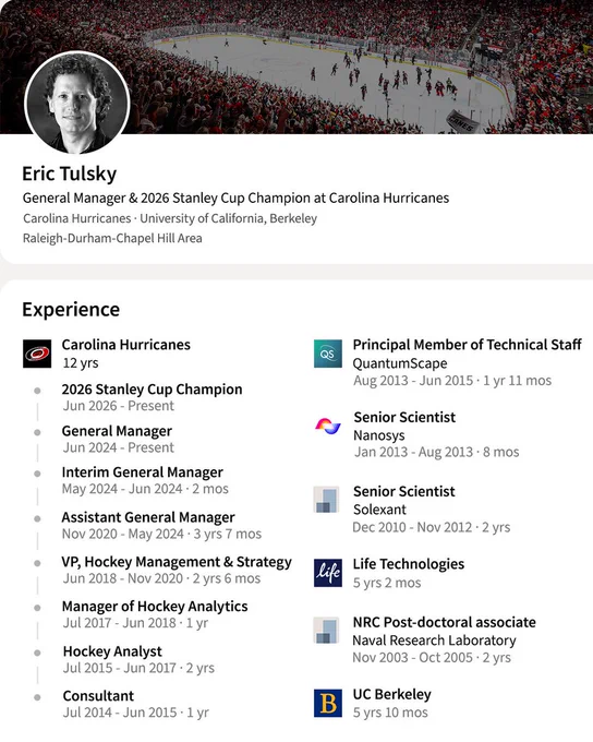 Screenshot of Eric Tulsky’s LinkedIn with “2026 STANLEY Cup Champion at CAROLINA HURRICANES” added in the bio