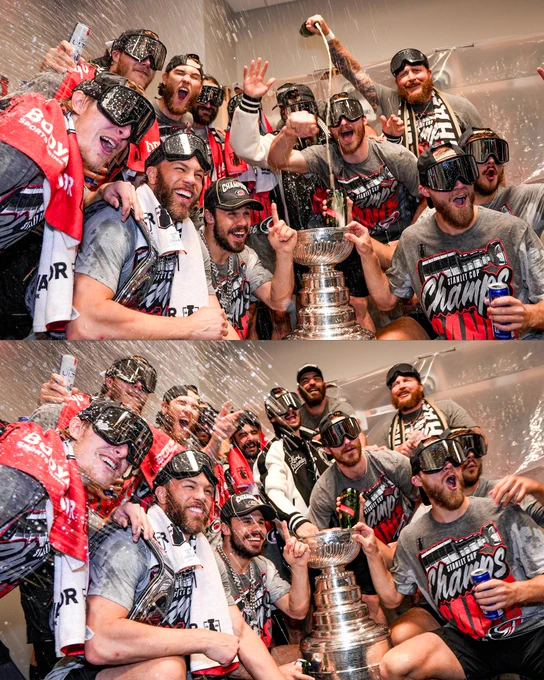 Multiple photos of players on the Hurricanes celebrating with the Stanley Cup in the dressing room. 