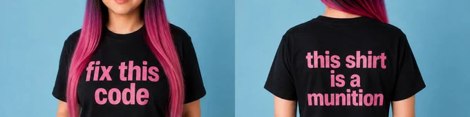me wearing a black tshirt with pink writing.
Front: fix this code
Back: this shirt is a munition