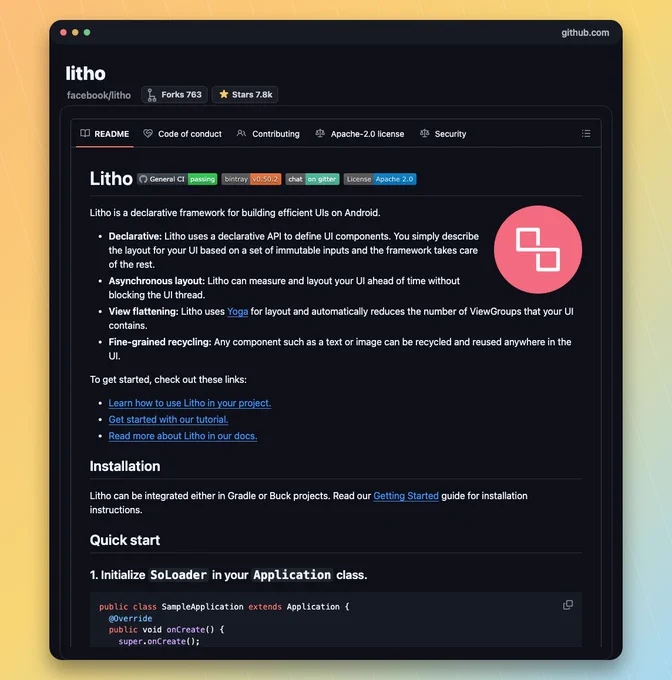 GitHub README screenshot for facebook/litho