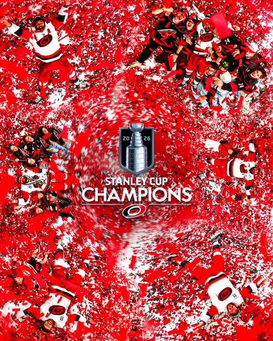 Graphic showing Carolina Hurricanes players and friends lying in piles of red, black and white confetti. In the middle is the Hurricanes 2026 Stanley Cup champion logo. 