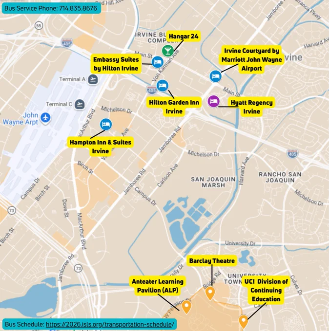 A map of the Irvine, California area showing conference-related locations for ISLS 2026. Hotel options marked with blue bed icons include: Embassy Suites by Hilton Irvine, Hilton Garden Inn Irvine, Hampton Inn and Suites Irvine, Irvine Courtyard by Marriott John Wayne Airport, and Hyatt Regency Irvine. A cocktail glass icon marks Hangar 24. Conference venue locations marked with orange pins in the lower portion of the map include: Anteater Learning Pavilion (ALP), Barclay Theatre, and UCI Division of Continuing Education, all situated near University Drive in the University Town area. John Wayne Airport is visible on the left side of the map. The map also shows major roads including the 405 freeway and Jamboree Road. Bus service phone number 714.835.8676 and bus schedule link https://2026.isls.org/transportation-schedule/ are displayed at the bottom.