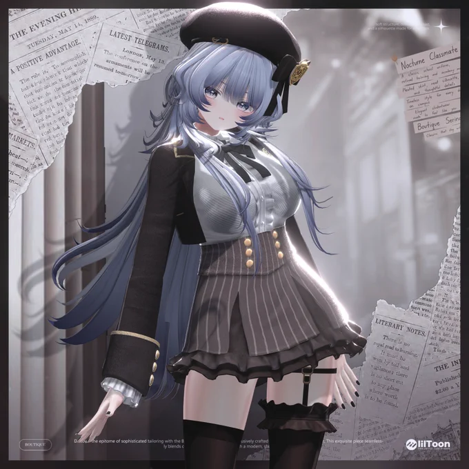 青みがかった長い髪のアバターが、ベレー帽とクラシカルな制服風コーデを身にまとっているビジュアルです。
リボン付きブラウス、ストライプスカート、ゴールドボタンなどの上品なディテールが、少しミステリアスで落ち着いた雰囲気を引き立てています。