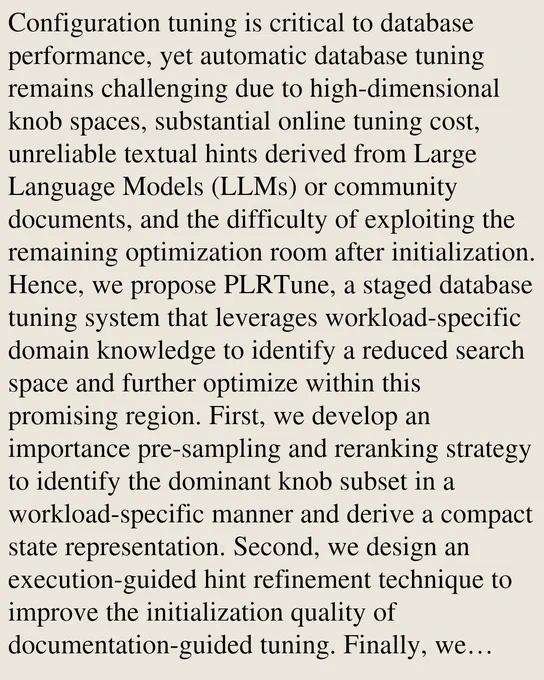 Configuration tuning is critical to database performance, yet automatic database tuning remains challenging due to high-dimensional knob spaces, substantial online tuning cost, unreliable textual hints derived from Large Language Models (LLMs) or community documents, and the difficulty of exploiting the remaining optimization room after initialization. Hence, we propose PLRTune, a staged database tuning system that leverages workload-specific domain knowledge to identify a reduced search space and further optimize within this promising region. First, we develop an importance pre-sampling and reranking strategy to identify the dominant knob subset in a workload-specific manner and derive a compact state representation. Second, we design an execution-guided hint refinement technique to improve the initialization quality of documentation-guided tuning. Finally, we propose a post-tuning refinement stage that leverages Twin Delayed Deep Deterministic Policy Gradient (TD3) to explore the dom