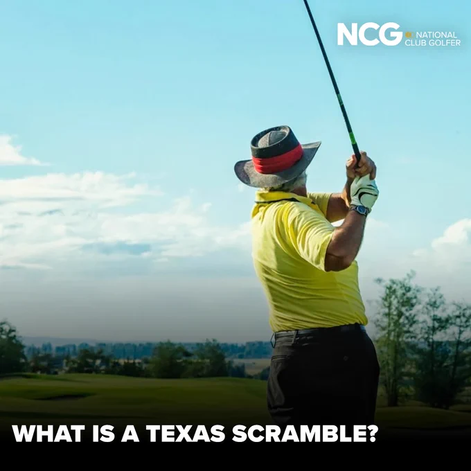 A golfer in a yellow shirt swings at a ball on a sunny day, promoting the Texas Scramble format in golf. The setting is serene with a clear blue sky.