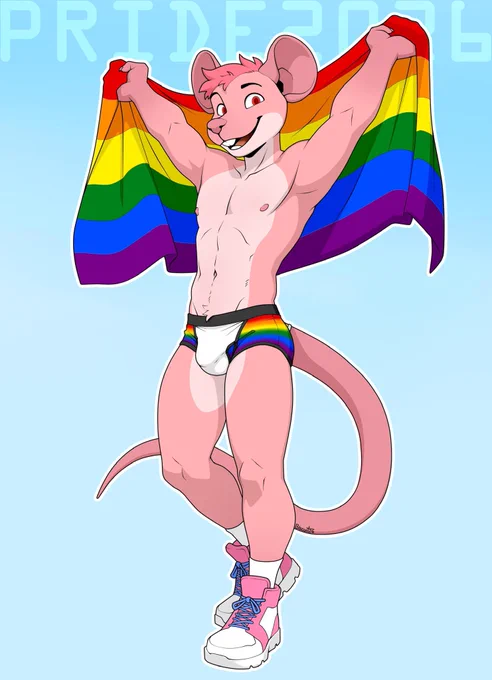 Ruby Mocha, the fruity rat, is posing proudly and confidently for Pride Month. He is stepping forward and holding a rainbow pride flag behind him while smiling at the viewer. The text "PRIDE2026" is written behind him on the upper part of the image.

Ruby is wearing nothing but rainbow briefs that emphasize his package and a pair of pink and white sneakers with blue laces. He is covered in pink fur, with his lower jaw, cheeks, throat, chest, belly, and inner thighs being a lighter shade than the rest of his body. He has red eyes, black eyebrows, and short, tousled pink hair.