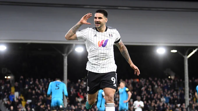 Aleksandar Mitrović celebrates after scoring for Fulham against Millwall at Craven Cottage in February 2022.