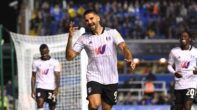 Aleksandar Mitrović celebrates after scoring for Fulham against Birmingham City at St Andrew's in September 2021.