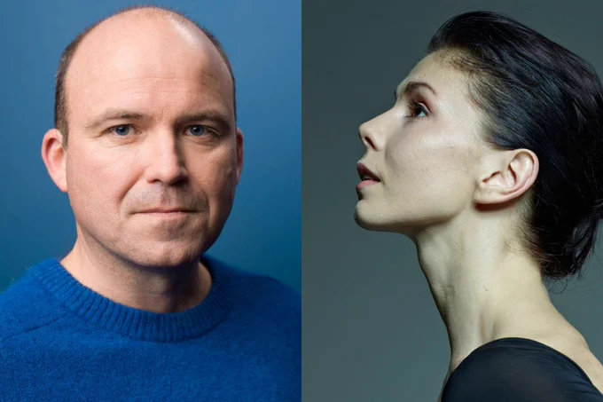 A photo showing two performers' headshots in front of generic backdrops 