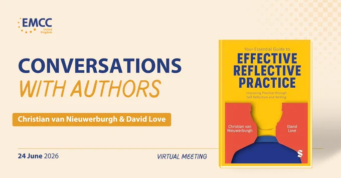 Promotional banner for a virtual meeting featuring authors Christian van Nieuwerburgh and David Love discussing their book on effective reflective practice.