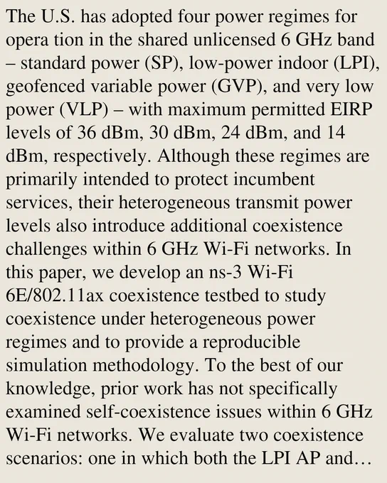 The U.S. has adopted four power regimes for opera tion in the shared unlicensed 6 GHz band – standard power (SP), low-power indoor (LPI), geofenced variable power (GVP), and very low power (VLP) – with maximum permitted EIRP levels of 36 dBm, 30 dBm, 24 dBm, and 14 dBm, respectively. Although these regimes are primarily intended to protect incumbent services, their heterogeneous transmit power levels also introduce additional coexistence challenges within 6 GHz Wi-Fi networks. In this paper, we develop an ns-3 Wi-Fi 6E/802.11ax coexistence testbed to study coexistence under heterogeneous power regimes and to provide a reproducible simulation methodology. To the best of our knowledge, prior work has not specifically examined self-coexistence issues within 6 GHz Wi-Fi networks. We evaluate two coexistence scenarios: one in which both the LPI AP and the SP AP are indoors, and another in which the LPI AP is indoors while the SP AP is outdoors. Results are compared against an indoor LPI–LPI