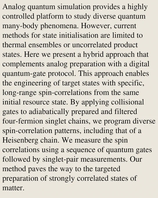 Analog quantum simulation provides a highly controlled platform to study diverse quantum many-body phenomena. However, current methods for state initialisation are limited to thermal ensembles or uncorrelated product states. Here we present a hybrid approach that complements analog preparation with a digital quantum-gate protocol. This approach enables the engineering of target states with specific, long-range spin-correlations from the same initial resource state. By applying collisional gates to adiabatically prepared and filtered four-fermion singlet chains, we program diverse spin-correlation patterns, including that of a Heisenberg chain. We measure the spin correlations using a sequence of quantum gates followed by singlet-pair measurements. Our method paves the way to the targeted preparation of strongly correlated states of matter.
