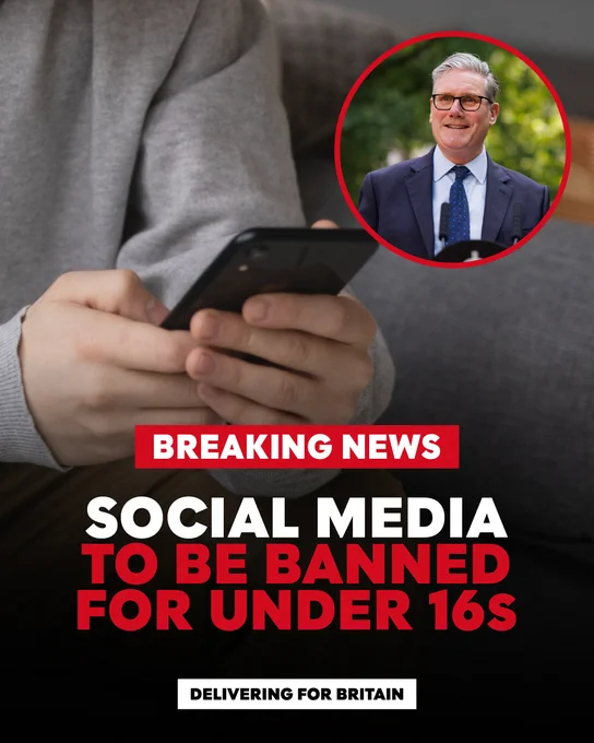 Graphic with the text: Breaking news - Social media to be banned for under 16s.