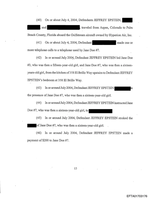 Federal civil complaint paragraph describing Epstein leading two minor girls from kitchen to his bedroom at 358 El Brillo Way