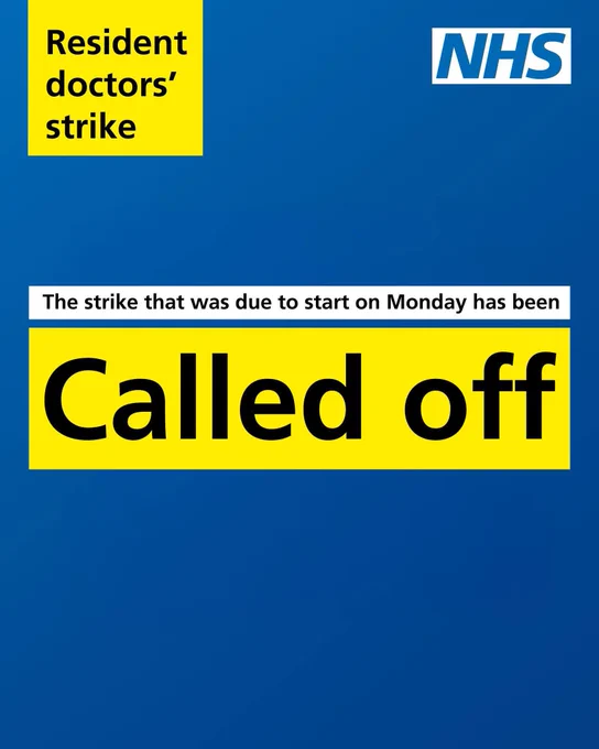 Resident doctor’ strike

The strike that was due to start on Monday has been called off