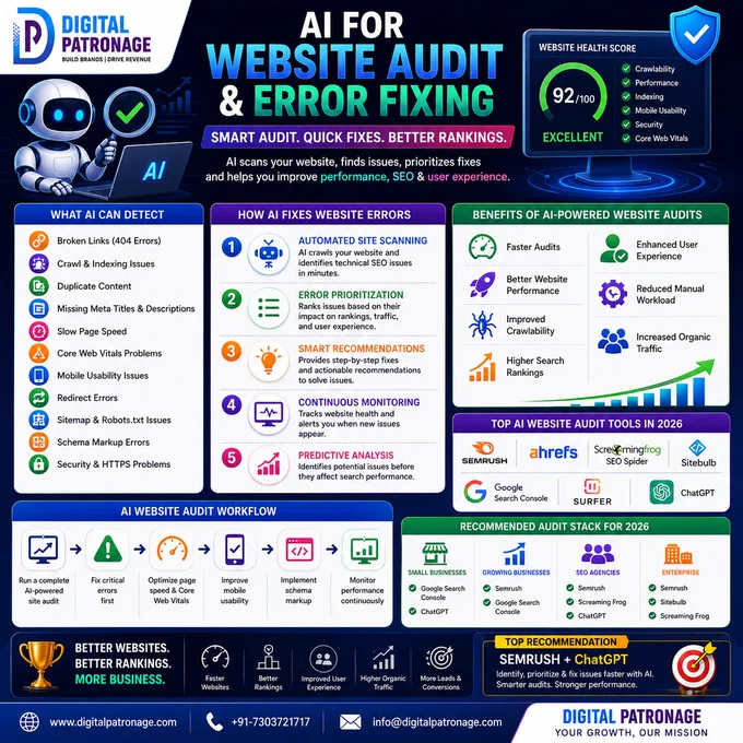 🚀 Is your website losing rankings because of hidden technical issues?

AI-powered website audits can instantly detect broken links, crawl errors, slow page speed, indexing issues, mobile usability problems, and more. With automated analysis and smart recommendations, AI helps you fix errors faster, improve user experience, and boost search engine rankings.

⚡ Smart Audit. Quick Fixes. Better Rankings.

🌐 www.digitalpatronage.com
📞  91-7303721717

#WebsiteAudit #TechnicalSEO #AISEO #SEO2026 #DigitalMarketing #SearchEngineOptimization #WebsiteOptimization #SiteAudit #CoreWebVitals #PageSpeed #GoogleSearchConsole #Semrush #Ahrefs #ScreamingFrog #ChatGPT #OrganicTraffic #LeadGeneration #BusinessGrowth #GrowthMarketing #DigitalPatronage