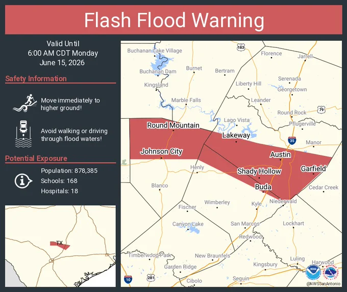This graphic displays a flash flood warning plotted on a map. The warning is in effect until 6:00 AM CDT. The warning includes Austin TX, Lakeway TX and Buda TX.  This warning is for Northern Blanco County in south central Texas, Northeastern Hays County in south central Texas and Southern Travis County in south central Texas. Avoid walking or driving through flood waters! Move immediately to higher ground! There are 878,385 people in the warning along with 168 schools and 18 hospitals.