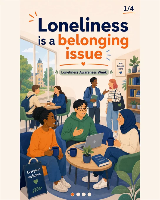Four-slide UMO carousel. Slide 1 of 4 says "Loneliness is a belonging issue" above students in a university support space. Slide 2 of 4 says "It can be hard to know where to turn" and shows a student outside busy campus spaces. Slide 3 of 4 says "Support pathways build connection" with a mentor and student planning next steps. Slide 4 of 4 says "Make belonging practical" and invites HE services to discuss specialist mentoring. Each slide includes a numbered marker and progress dots.