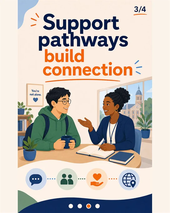 Four-slide UMO carousel. Slide 1 of 4 says "Loneliness is a belonging issue" above students in a university support space. Slide 2 of 4 says "It can be hard to know where to turn" and shows a student outside busy campus spaces. Slide 3 of 4 says "Support pathways build connection" with a mentor and student planning next steps. Slide 4 of 4 says "Make belonging practical" and invites HE services to discuss specialist mentoring. Each slide includes a numbered marker and progress dots.