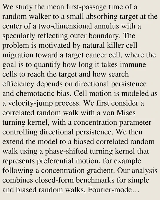 We study the mean first-passage time of a random walker to a small absorbing target at the center of a two-dimensional annulus with a specularly reflecting outer boundary. The problem is motivated by natural killer cell migration toward a target cancer cell, where the goal is to quantify how long it takes immune cells to reach the target and how search efficiency depends on directional persistence and chemotactic bias. Cell motion is modeled as a velocity-jump process. We first consider a correlated random walk with a von Mises turning kernel, with a concentration parameter controlling directional persistence. We then extend the model to a biased correlated random walk using a phase-shifted turning kernel that represents preferential motion, for example following a concentration gradient. Our analysis combines closed-form benchmarks for simple and biased random walks, Fourier-mode reductions of the transport equations for the correlated and biased correlated models, and a fast-turning 