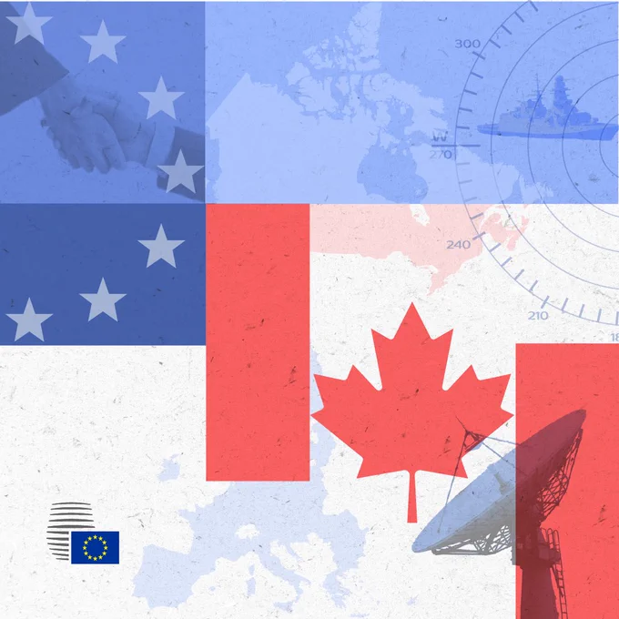 A military radar dish , a military vessel and some abstract shapes based on the flags of the European Union and Canada.