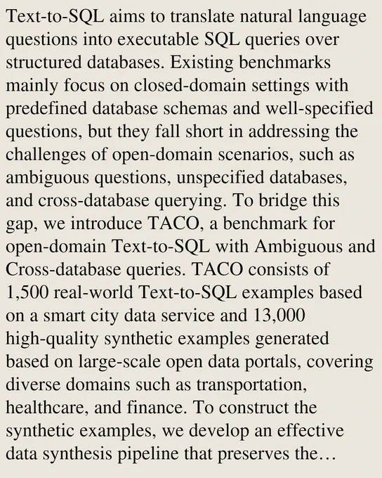 Text-to-SQL aims to translate natural language questions into executable SQL queries over structured databases. Existing benchmarks mainly focus on closed-domain settings with predefined database schemas and well-specified questions, but they fall short in addressing the challenges of open-domain scenarios, such as ambiguous questions, unspecified databases, and cross-database querying. To bridge this gap, we introduce TACO, a benchmark for open-domain Text-to-SQL with Ambiguous and Cross-database queries. TACO consists of 1,500 real-world Text-to-SQL examples based on a smart city data service and 13,000 high-quality synthetic examples generated based on large-scale open data portals, covering diverse domains such as transportation, healthcare, and finance. To construct the synthetic examples, we develop an effective data synthesis pipeline that preserves the complexity of real-world queries. To demonstrate the utility of TACO, we introduce a baseline TACO-SQL composed of question rew