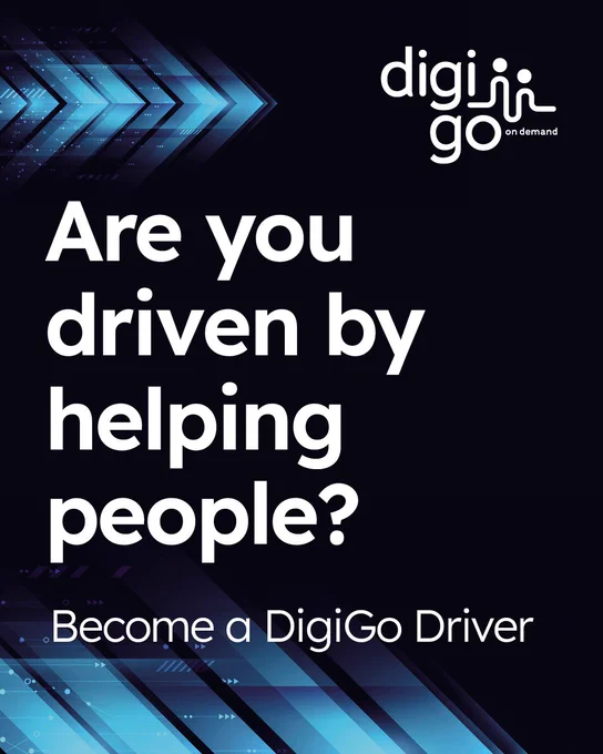 Advertisement asking 'Are you driven by helping people? Become a DigiGo Driver' with the DigiGo logo.