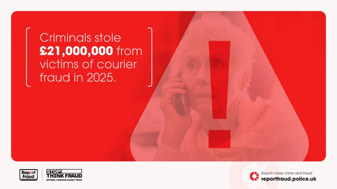 Elderly woman on phone with large red exclamation mark. Warning about £21m stolen by courier fraud.