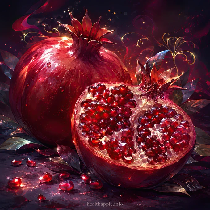 A dark fantasy still life inspired by the rich beauty of pomegranate — glossy ruby seeds, deep crimson tones, golden sparks and a little touch of magic.