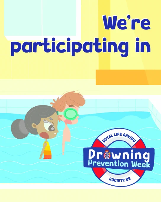 Children in a pool with text promoting Drowning Prevention Week and the Royal Life Saving Society UK.
