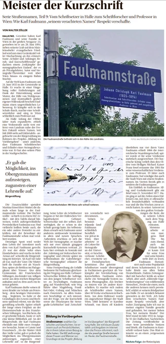 Artikel „Meister der Kurzschrift“ über Johann Christoph Karl Faulmann, der sich viel mit der Kurzschrift Stenografie beschäftigte. Quelle: Mitteldeutsche Zeitung Halle / Saalekreis vom 15.06.2026.