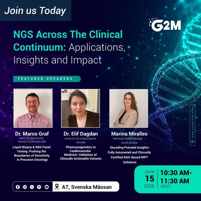Join us today at ESHG 2026!

We’re excited to welcome you to our Corporate Session at 10:30 AM | A7, Svenska Mässan, where we’ll explore how G2M NGS assays are creating meaningful real-world impact across diverse clinical applications in genomics and precision medicine.

And the conversation doesn’t stop there - visit us at Hall B from 12:45 PM onwards for our poster presentations, featuring the latest innovations in NGS and point-of-care molecular diagnostics. From advances in prenatal screening and hereditary cancer insights to rapid leukemia and HPV testing solutions, discover how we’re translating science into clinical impact.

Looking forward to connecting and exchanging ideas with you at ESHG 2026!