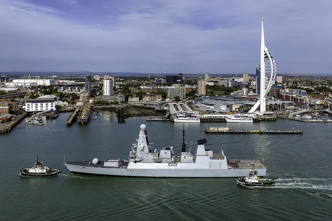HMS Dauntless arriving Portsmouth Harbour.