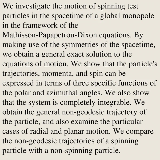 We investigate the motion of spinning test particles in the spacetime of a global monopole in the framework of the Mathisson-Papapetrou-Dixon equations. By making use of the symmetries of the spacetime, we obtain a general exact solution to the equations of motion. We show that the particle's trajectories, momenta, and spin can be expressed in terms of three specific functions of the polar and azimuthal angles. We also show that the system is completely integrable. We obtain the general non-geodesic trajectory of the particle, and also examine the particular cases of radial and planar motion. We compare the non-geodesic trajectories of a spinning particle with a non-spinning particle.