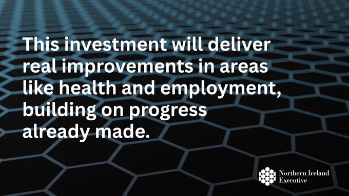 Text, logo and arrow on hexagonal design background 
Text: This investment will deliver real improvements in areas like health and employment, building on progress already made.
Logo: Northern Ireland Executive logo at bottom centre of graphic 
Arrow: Arrow at bottom right of graphic