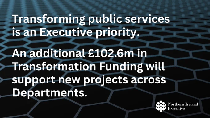 Text, logo and arrow on hexagonal design background 
Text: Transforming public services is an Executive priority.
An additional £102.6m in Transformation Funding will support new projects across Departments.
Logo: Northern Ireland Executive logo at bottom centre of graphic 
Arrow: Arrow at bottom right of graphic
