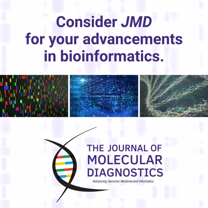 Promotional image encouraging consideration of submission to JMD for progress in bioinformatics, featuring DNA and data visuals.