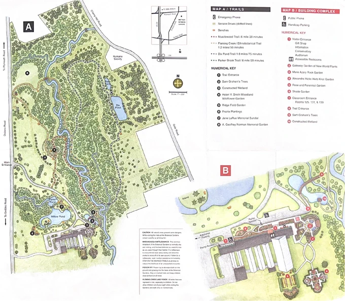 A visitor map of Matthaei Botanical Gardens showing outdoor trails and the building complex, including paths, ponds, the conservatory, specialty gardens, and safety warnings.