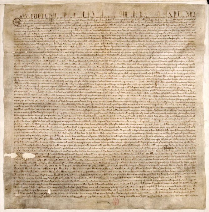 An image of Westminster Abbey's copy of Magna Carta, a large square handwritten charter