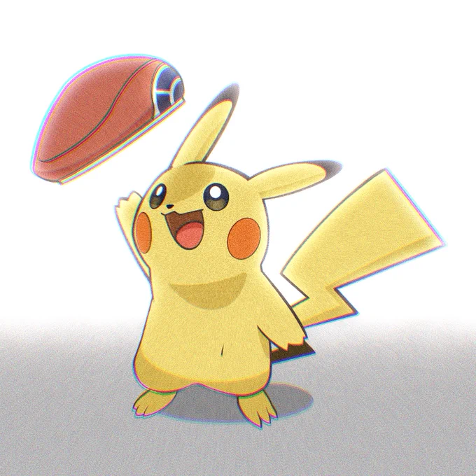 A digital drawing of Pikachu from the Pokémon series against a plain white and grey background. Pikachu is a yellow rodent with dark round eyes, large red circles on its cheeks, two black-tipped rabbit-like ears, and a lightning bolt-shaped tail, facing towards the upper left of an image, reaching up happily towards a falling red beret hat.