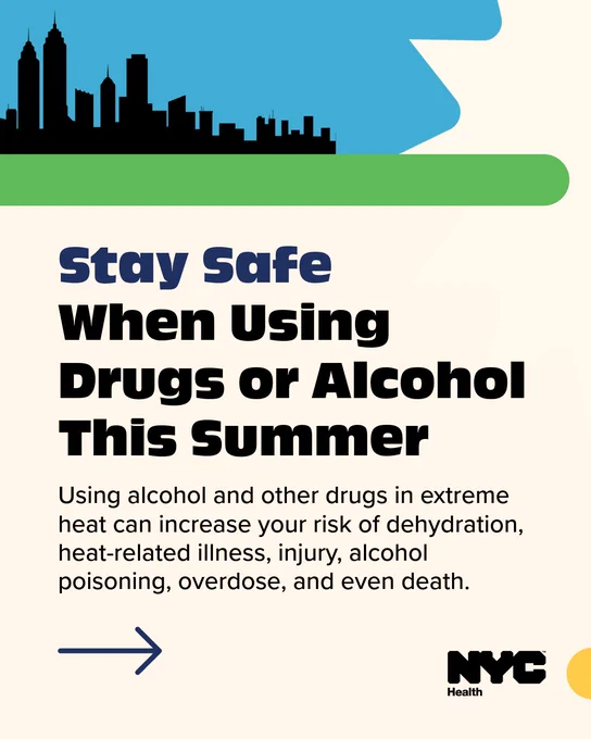Text reads: Stay Safe When Using Drugs or Alcohol This Summer Using alcohol and other drugs in extreme heat can increase your risk of dehydration, heat-related illness, injury, alcohol poisoning, overdose, and even death. N Y C Health logo.
